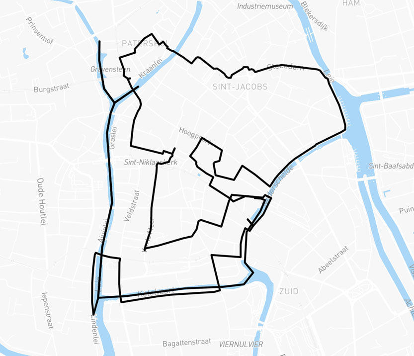 Packraft trail Gante – mapa de la ruta de un día de Urban Packraft por la ciudad